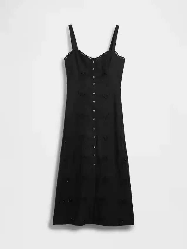 Robe longue à bretelles fines en mélange de lin brodé