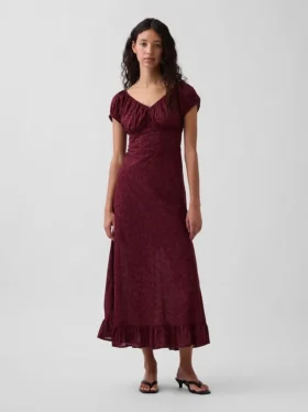 Robe longue à col en V et ourlet à volants