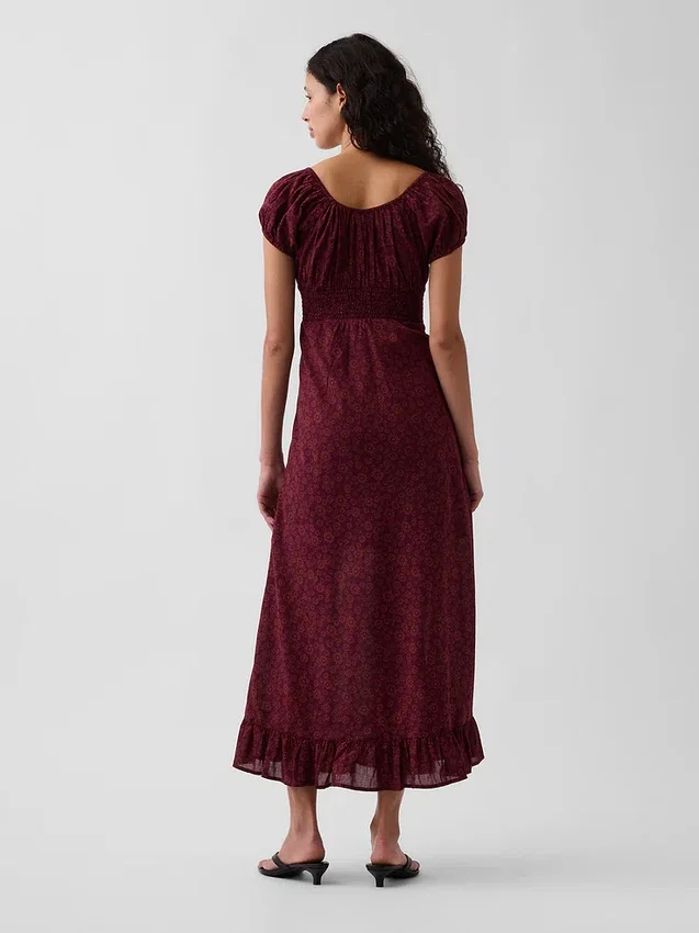 Robe longue à col en V et ourlet à volants