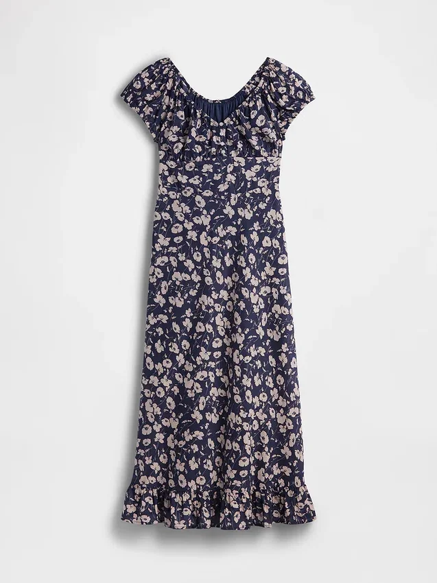 Robe longue à col en V et ourlet à volants