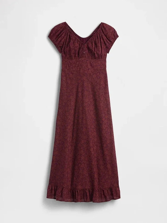 Robe longue à col en V et ourlet à volants