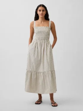 Robe longue à corsage smocké en popeline