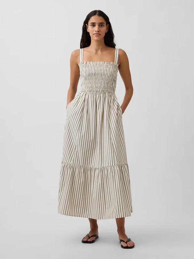 Robe longue à corsage smocké en popeline