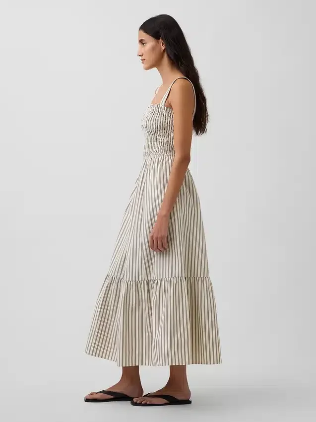 Robe longue à corsage smocké en popeline