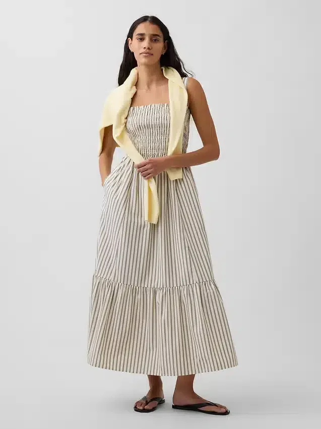 Robe longue à corsage smocké en popeline