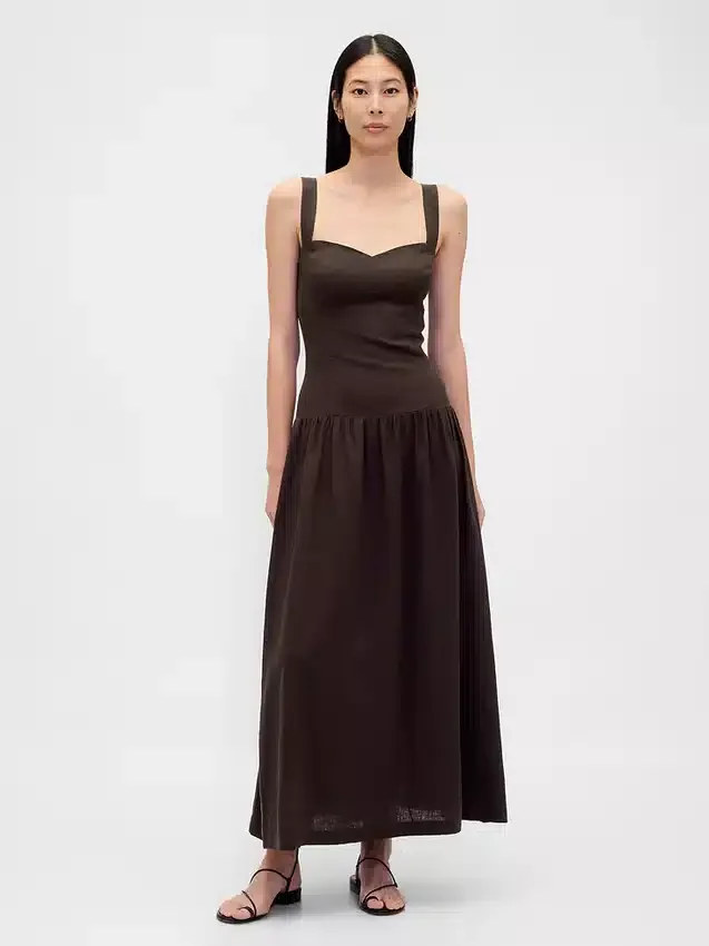Robe longue corsetée à taille basse en mélange de lin