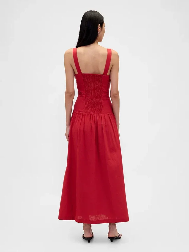 Robe longue corsetée à taille basse en mélange de lin