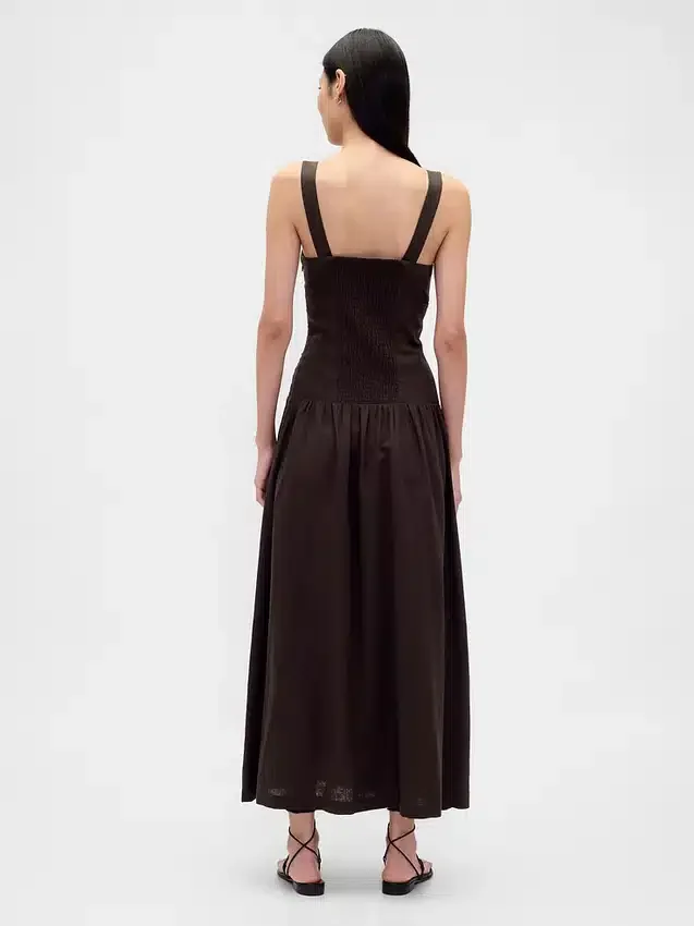 Robe longue corsetée à taille basse en mélange de lin