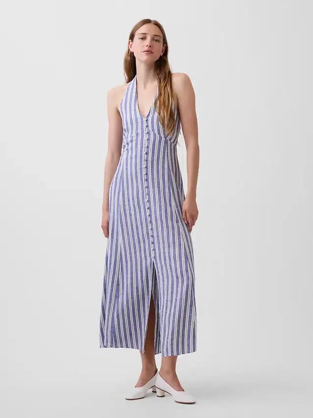 Robe longue dos nu en mélange de lin