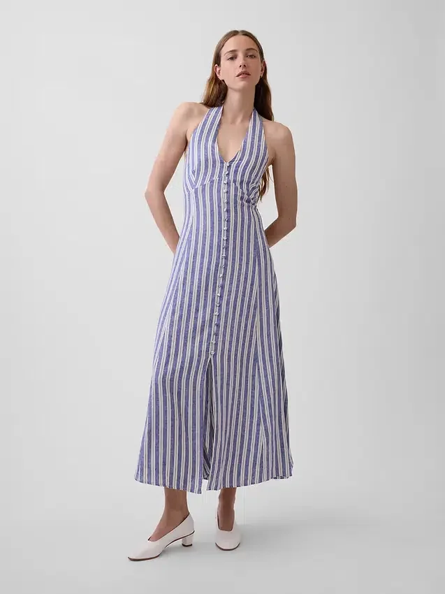 Robe longue dos nu en mélange de lin