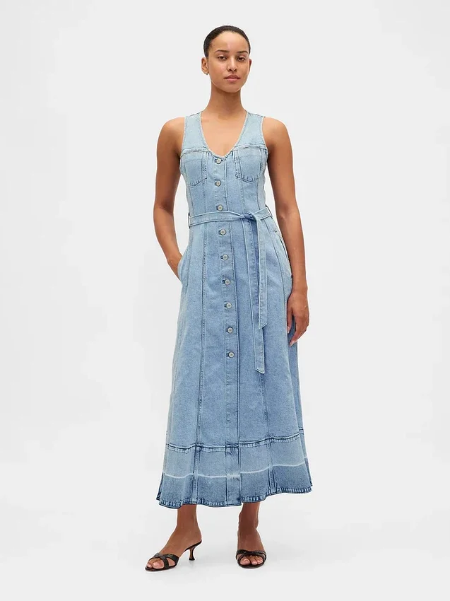 Robe longue en denim à boutons sur le devant et ceinture à nouer