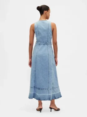 Robe longue en denim à boutons sur le devant et ceinture à nouer