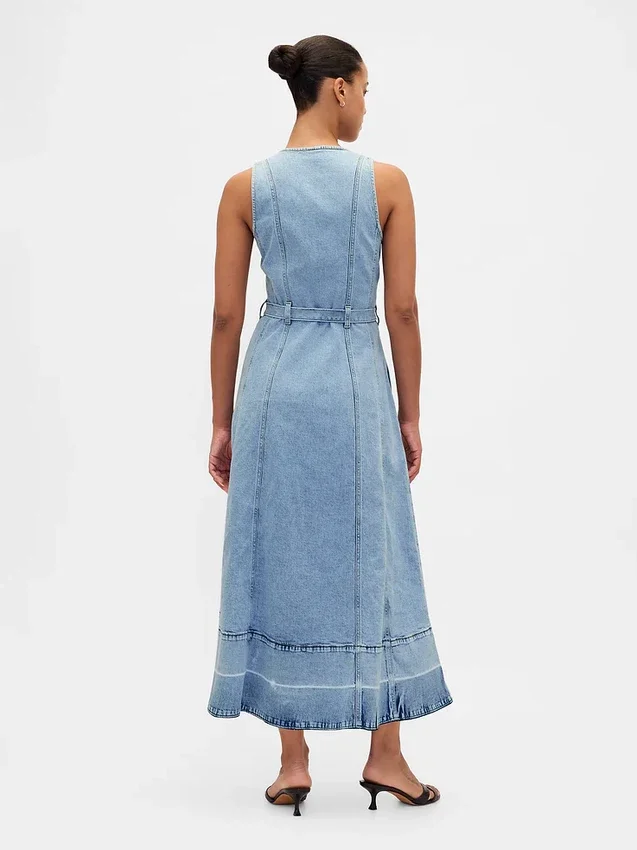 Robe longue en denim à boutons sur le devant et ceinture à nouer