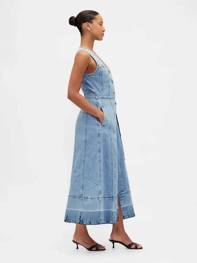 Robe longue en denim à boutons sur le devant et ceinture à nouer