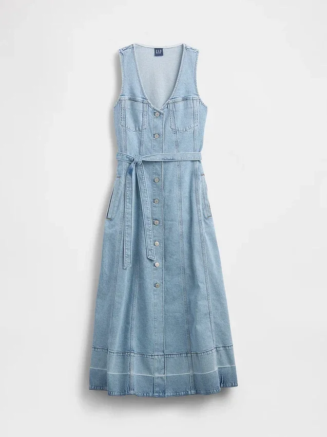 Robe longue en denim à boutons sur le devant et ceinture à nouer