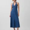 Robe longue en denim à coutures apparentes et col licou