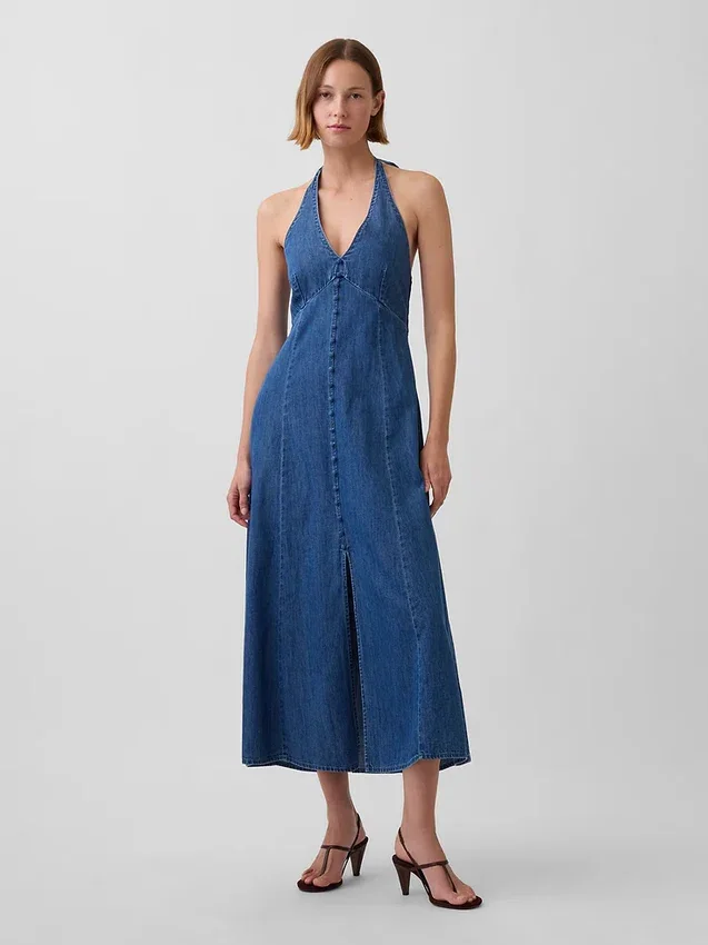 Robe longue en denim à coutures apparentes et col licou