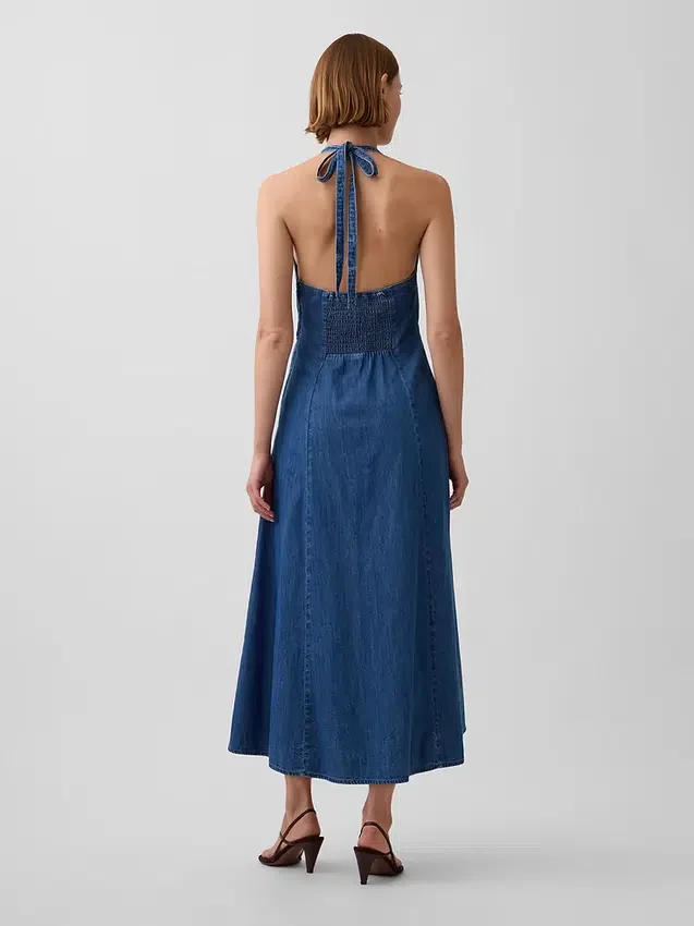 Robe longue en denim à coutures apparentes et col licou