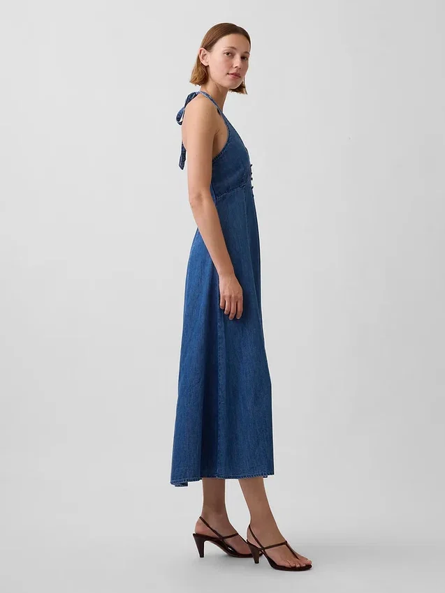 Robe longue en denim à coutures apparentes et col licou
