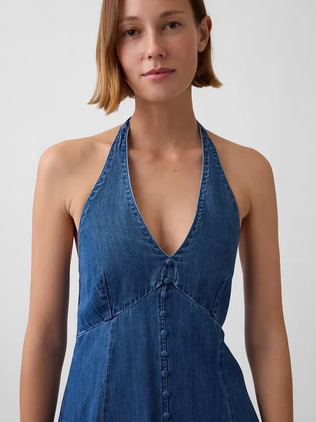 Robe longue en denim à coutures apparentes et col licou