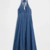 Robe longue en denim à coutures apparentes et col licou