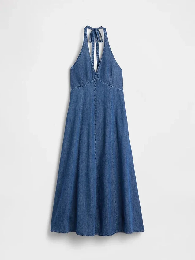 Robe longue en denim à coutures apparentes et col licou