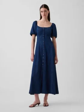 Robe longue en denim à manches bouffantes et fermeture à boutons sur le devant