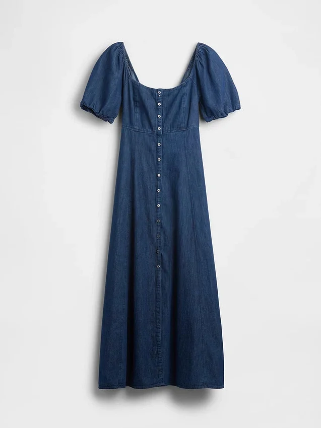 Robe longue en denim à manches bouffantes et fermeture à boutons sur le devant