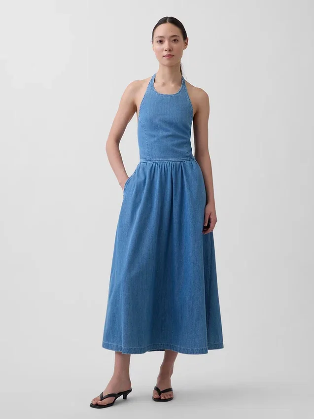 Robe longue en denim à nouer dans le dos
