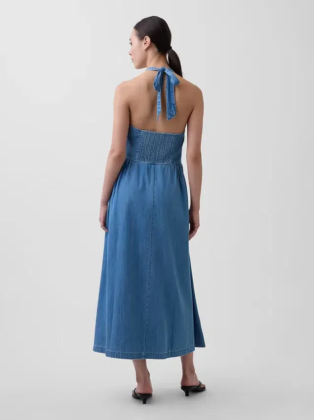 Robe longue en denim à nouer dans le dos
