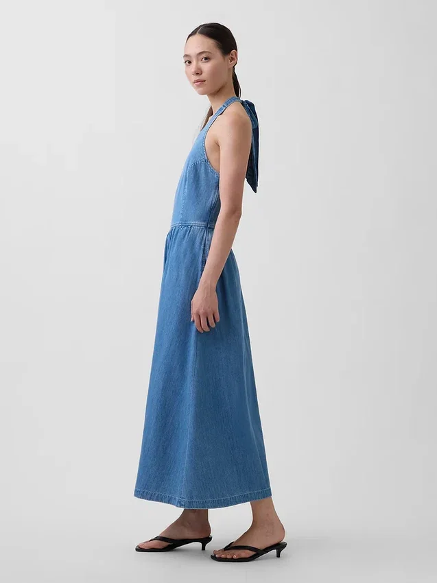 Robe longue en denim à nouer dans le dos
