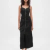 Robe longue en denim ultra-doux avec fermeture éclair sur le devant