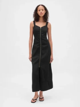 Robe longue en denim ultra-doux avec fermeture éclair sur le devant