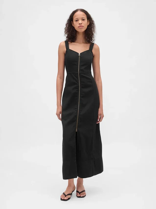 Robe longue en denim ultra-doux avec fermeture éclair sur le devant