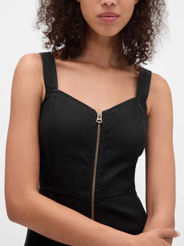 Robe longue en denim ultra-doux avec fermeture éclair sur le devant