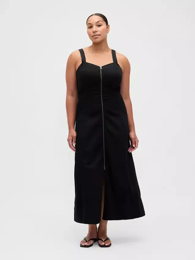 Robe longue en denim ultra-doux avec fermeture éclair sur le devant