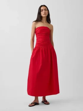 Robe longue en popeline à taille basse
