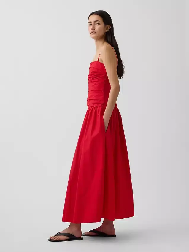 Robe longue en popeline à taille basse