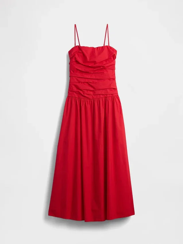 Robe longue en popeline à taille basse