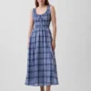 Robe longue en voile à carreaux avec taille smockée