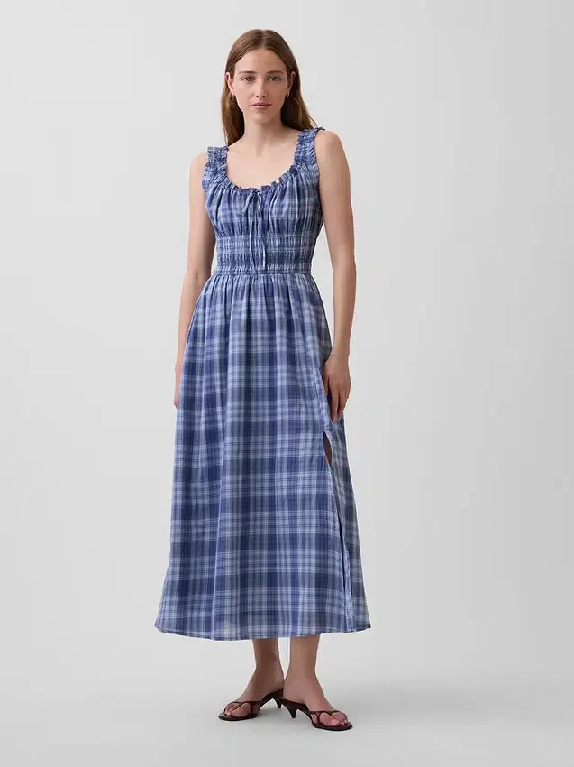 Robe longue en voile à carreaux avec taille smockée