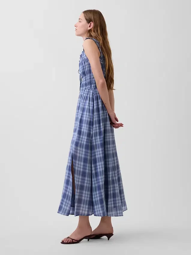 Robe longue en voile à carreaux avec taille smockée