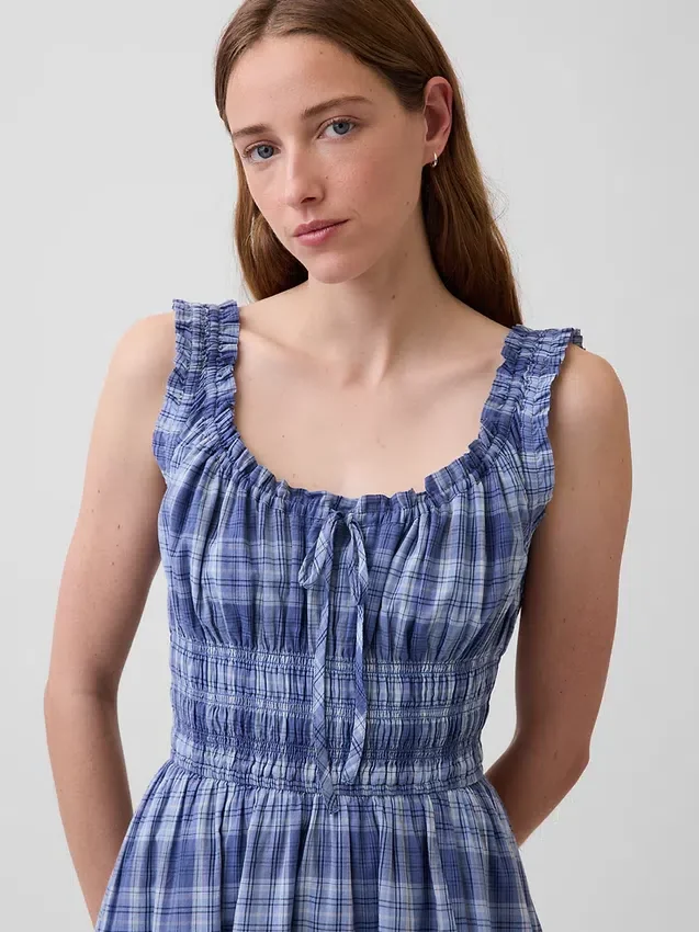 Robe longue en voile à carreaux avec taille smockée