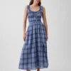 Robe longue en voile à carreaux avec taille smockée