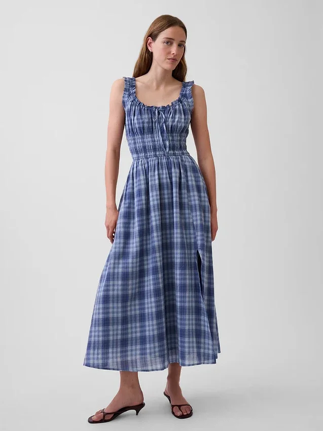 Robe longue en voile à carreaux avec taille smockée