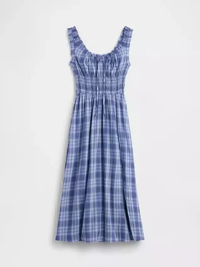 Robe longue en voile à carreaux avec taille smockée