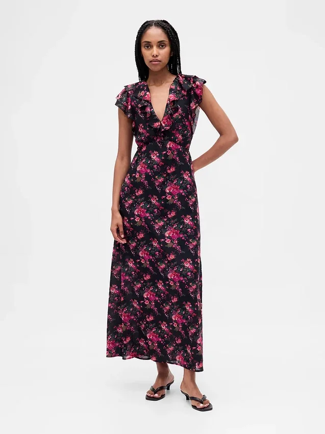 Robe longue à encolure en V et volants