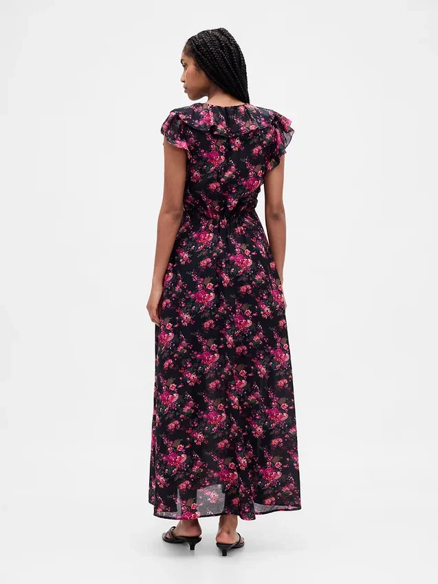 Robe longue à encolure en V et volants