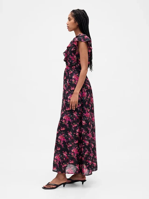 Robe longue à encolure en V et volants