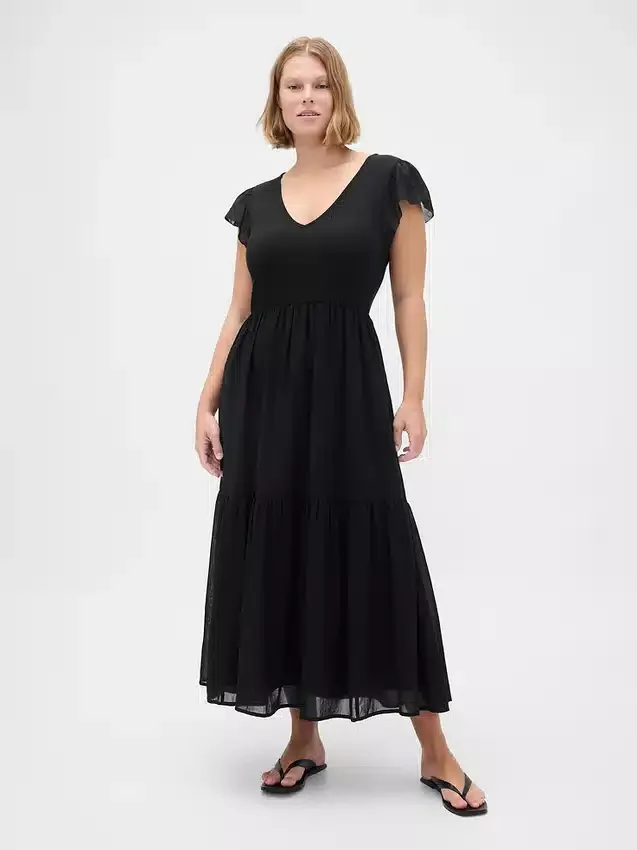 Robe longue moderne à volants en mélange de matières